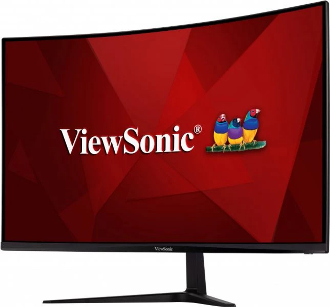 Curved screen monitor with ViewSonic text and a logo of three birds on the screen.