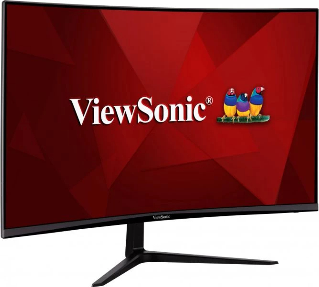 Gebogener Computermonitor mit dem ViewSonic-Logo. Der Bildschirm zeigt einen roten Hintergrund.