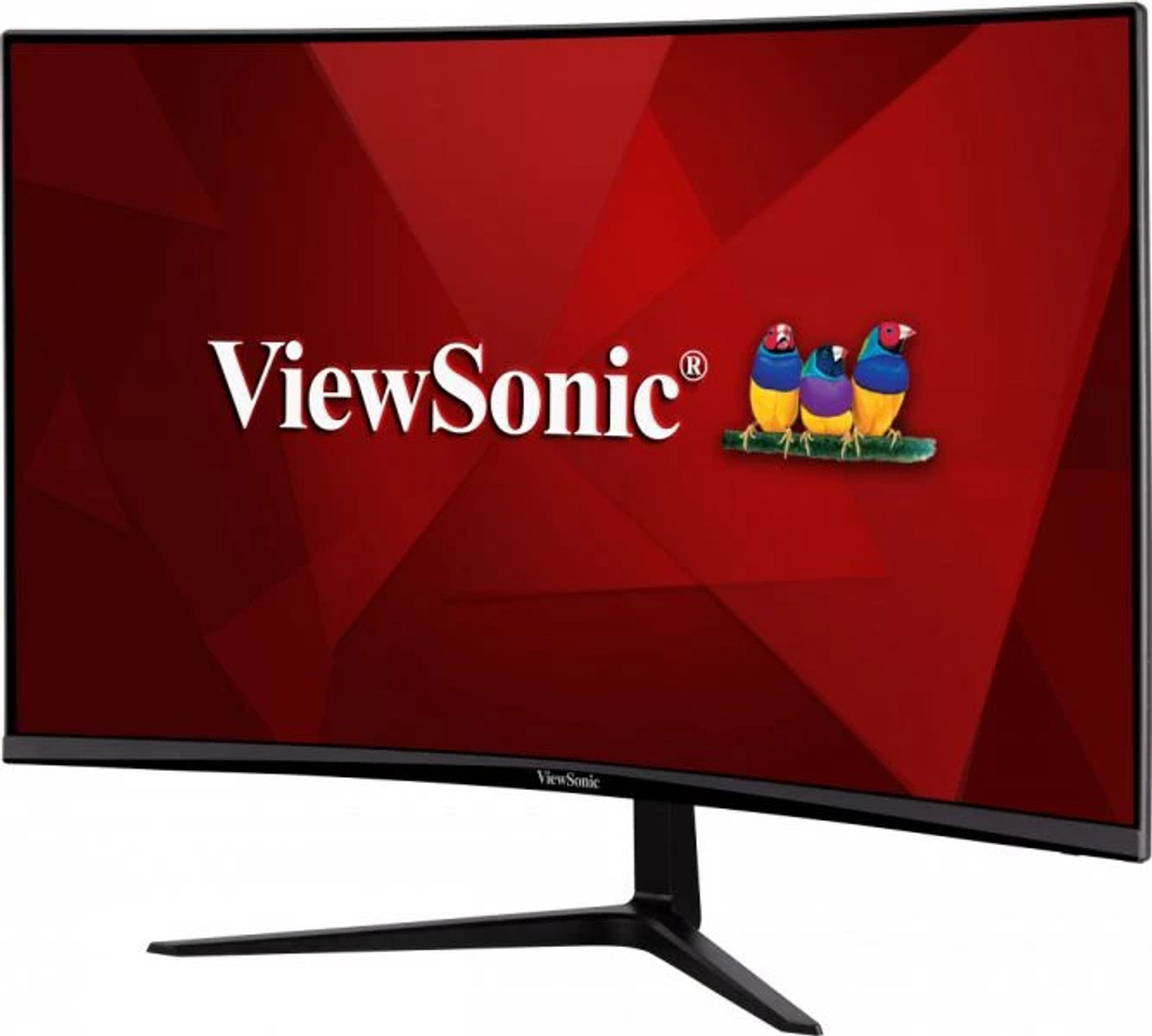 Gebogener Monitor mit rotem Hintergrund, ViewSonic-Logo und drei bunten Vögeln.