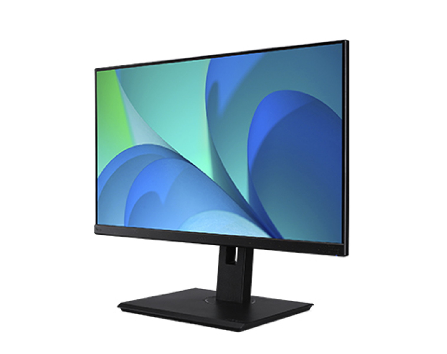 Ein Computermonitor zeigt ein blaues und grünes abstraktes Design auf schwarzer Basis.