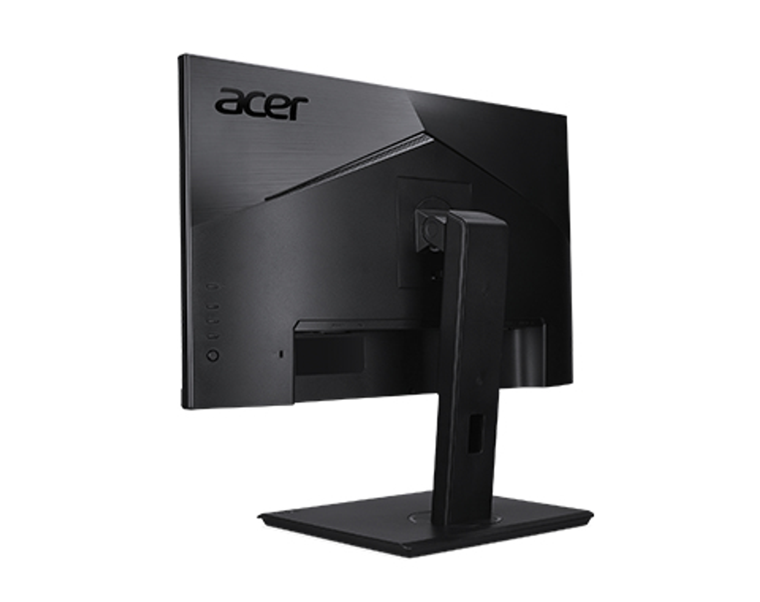 Ein schwarzer Acer-Monitor, Rückansicht, mit schwarzem Ständer.