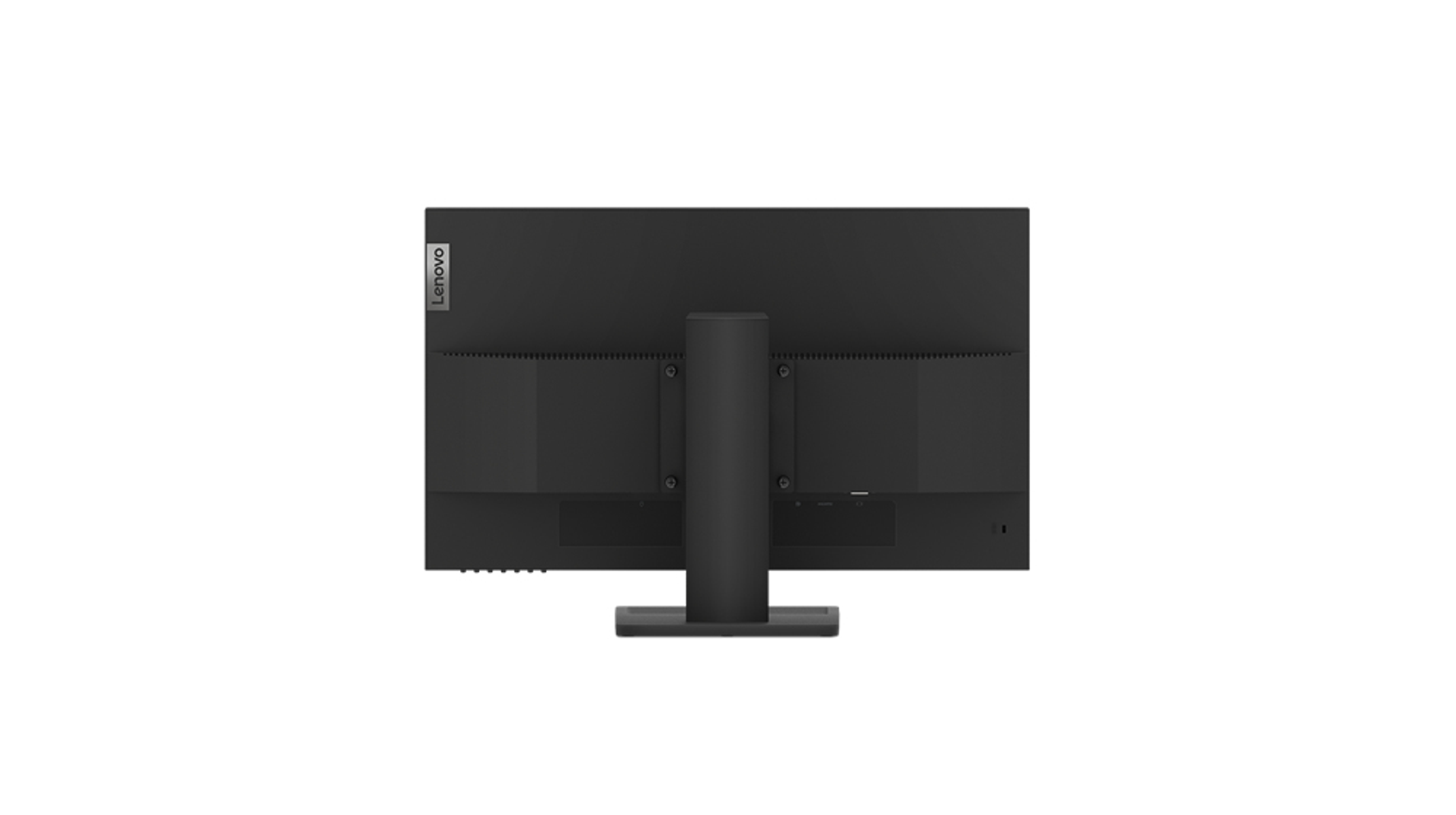 Rückansicht eines schwarzen Lenovo-Monitors. Ständer, Anschlüsse und Logo sind sichtbar.