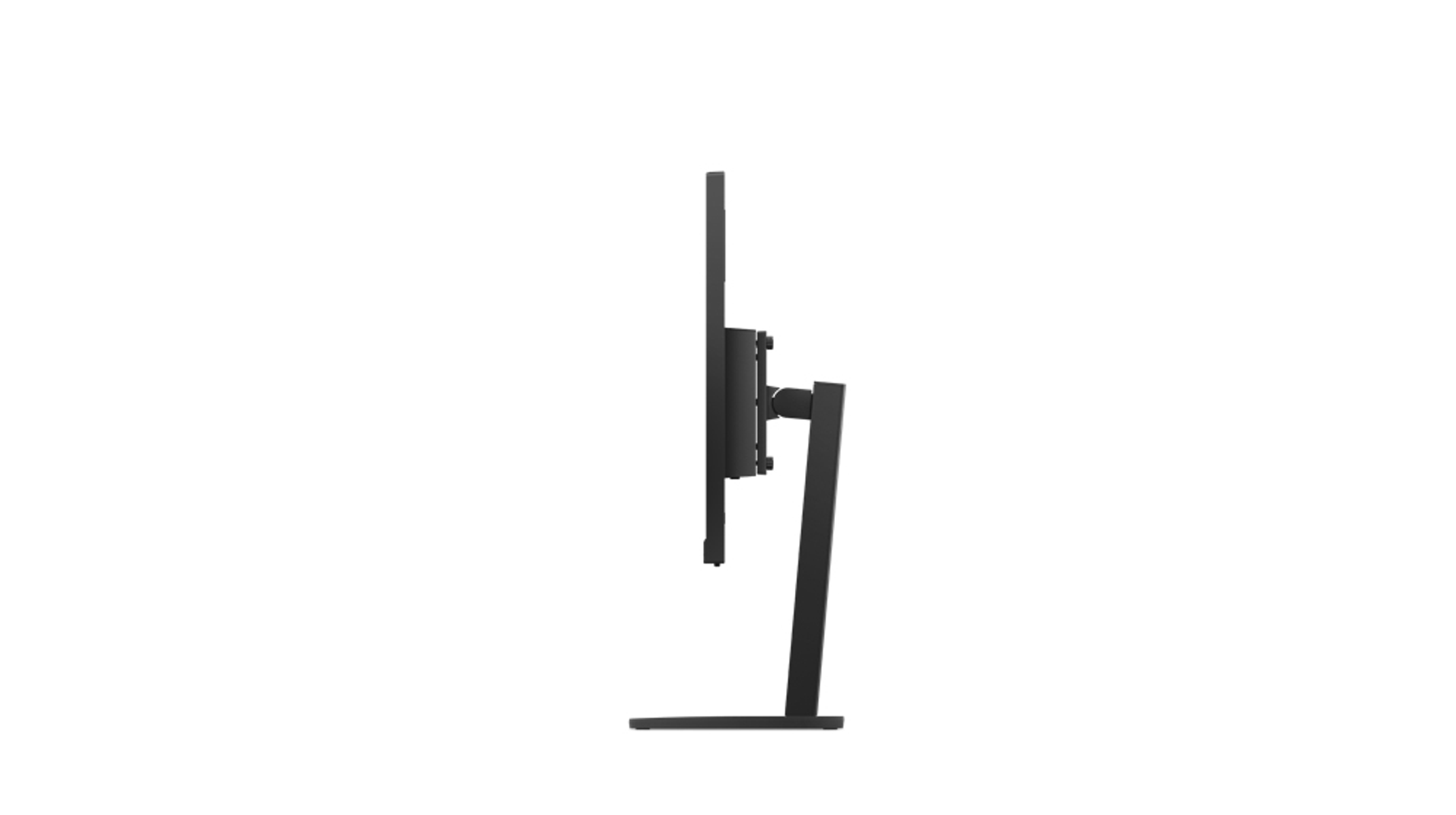 Seitenansicht eines schwarzen Computermonitors auf einem Ständer, der ein minimalistisches Design zeigt.