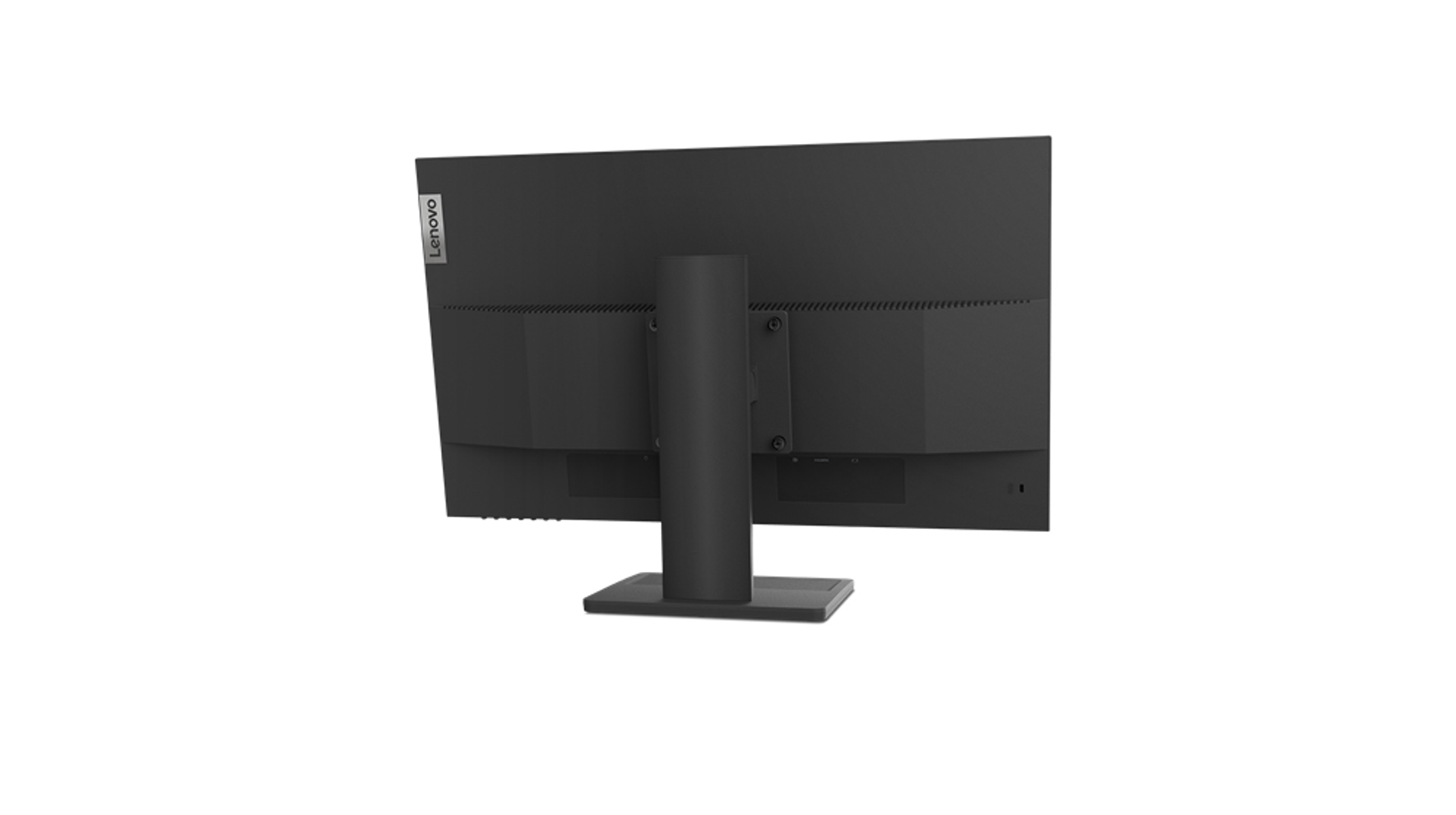Rückseite eines schwarzen Lenovo-Monitors auf weißem Hintergrund.