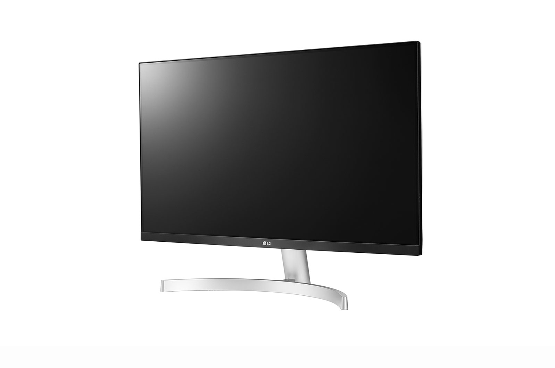 An LG monitor with a black screen and silver stand.
