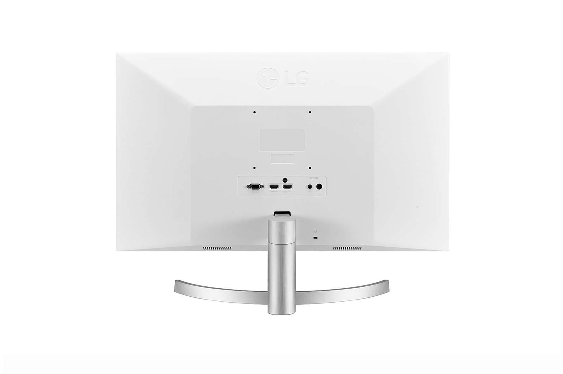 The back of a white monitor with ports and connections. The stand is silver and curved.