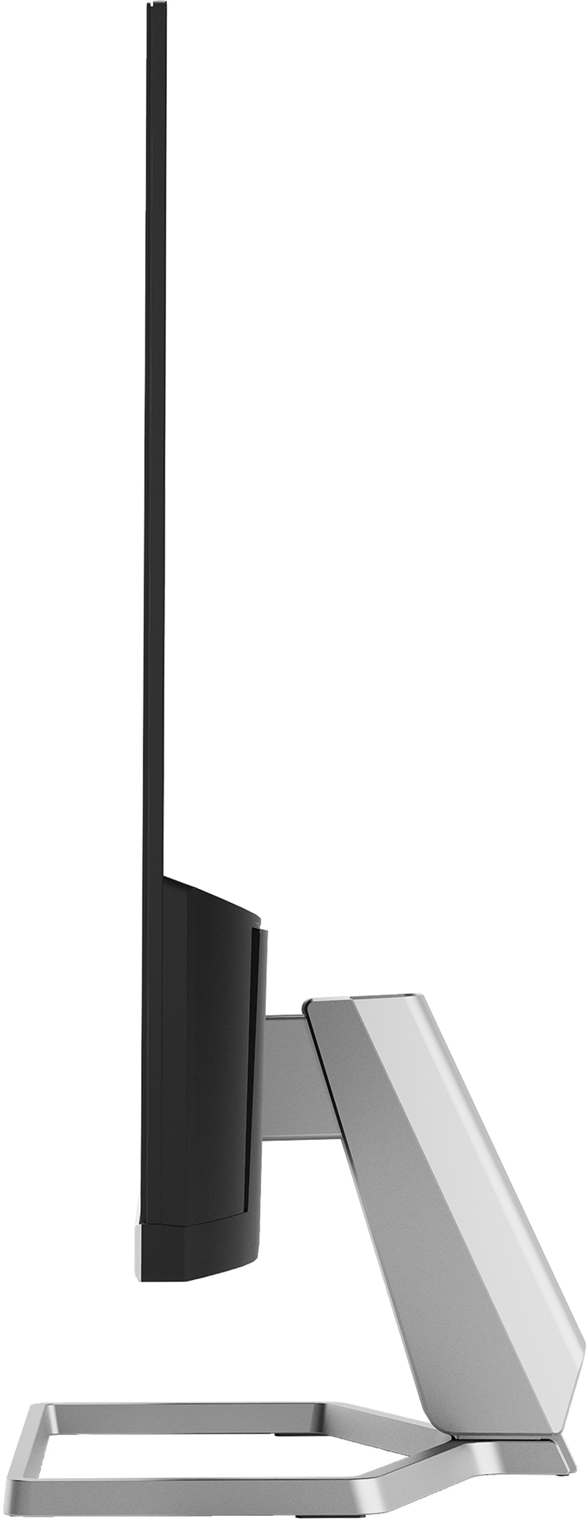 Vista laterale di un monitor nero con supporto argentato. Lo schermo è nero.
