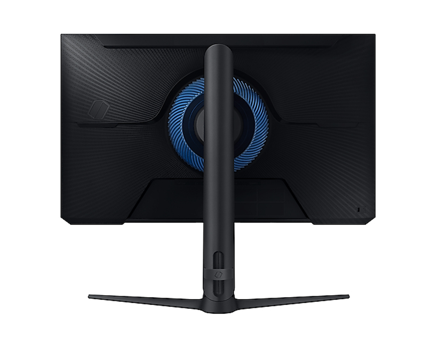 Retro di un monitor nero con un design circolare blu sul supporto.