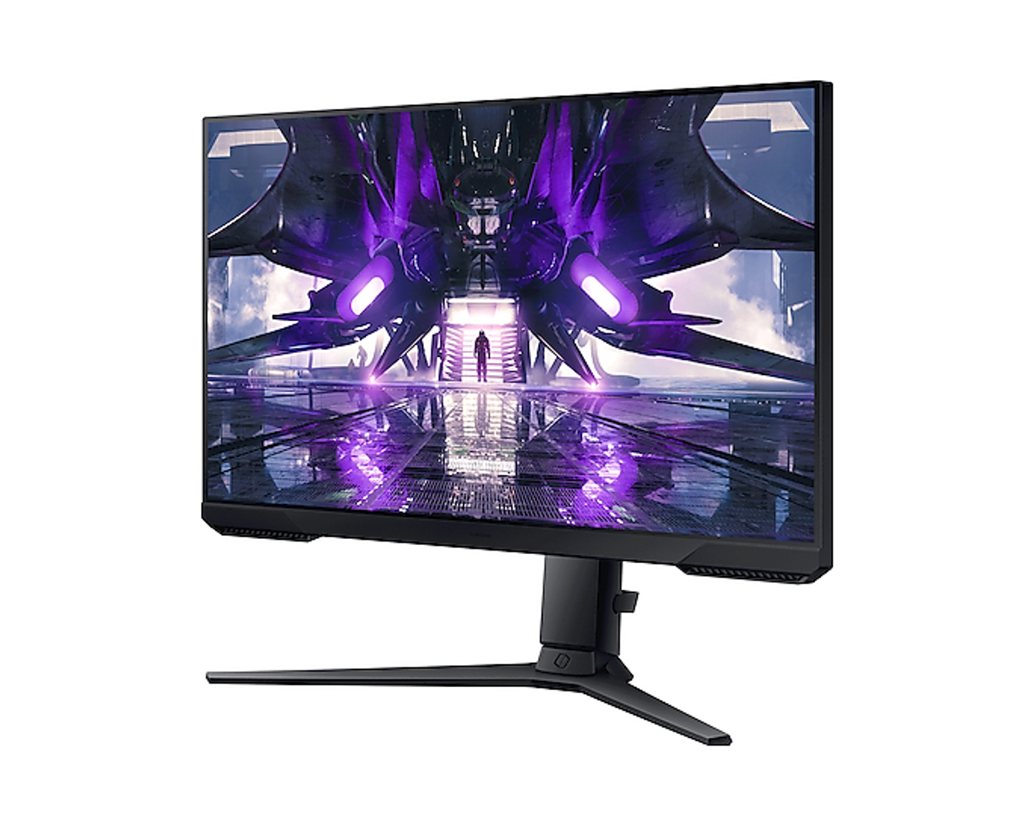 Monitor per computer nero su un supporto con immagine futuristica sullo schermo.