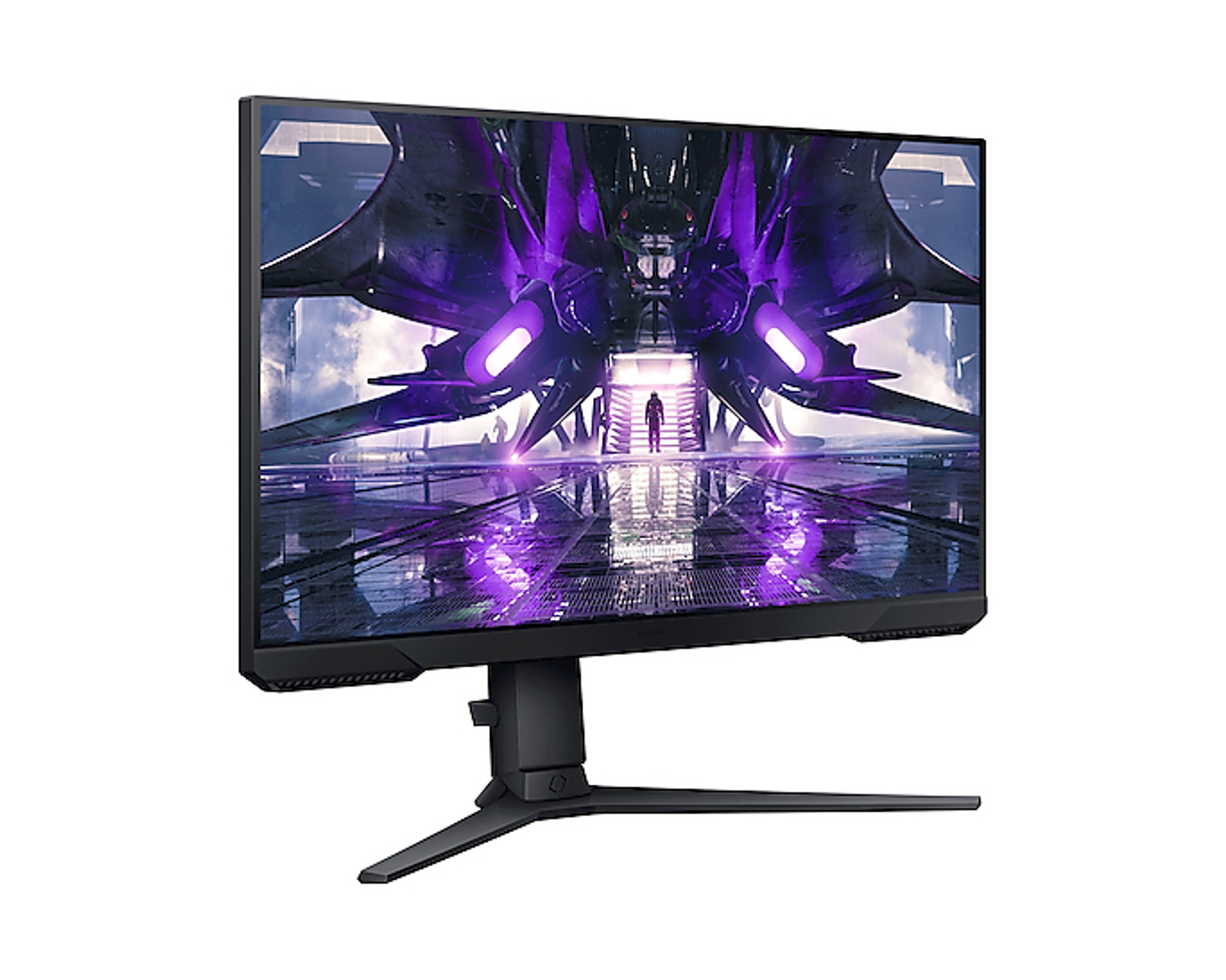 Un monitor da gioco che mostra una scena futuristica con un'astronave e luci viola.