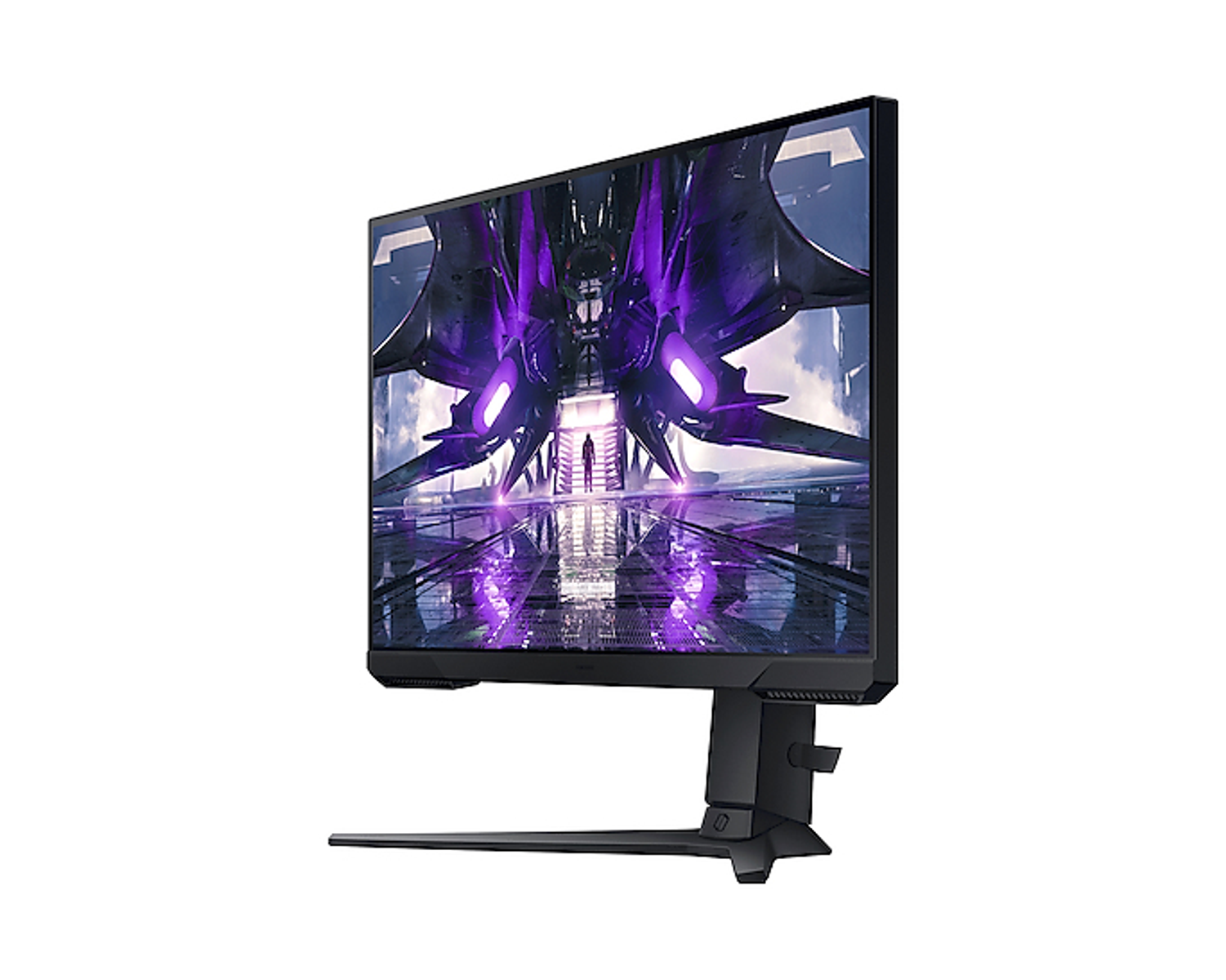 Monitor da gioco con scena di gioco futuristica, illuminazione viola e supporto nero.