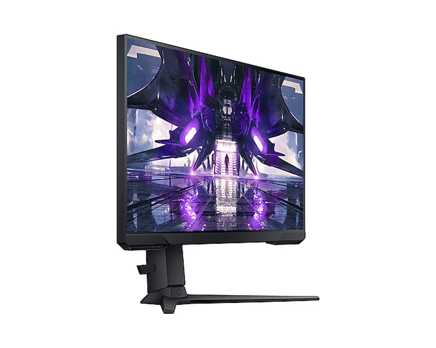 Vista angolata di un monitor per computer nero e viola. Design moderno, supporto nero, sfondo bianco, elegante.