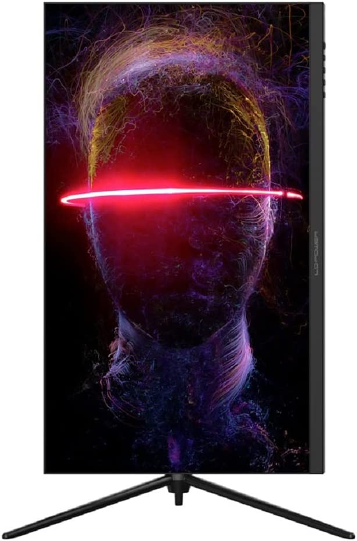 Monitor komputera wyświetlający twarz z czerwoną poświatą i kolorowymi liniami.