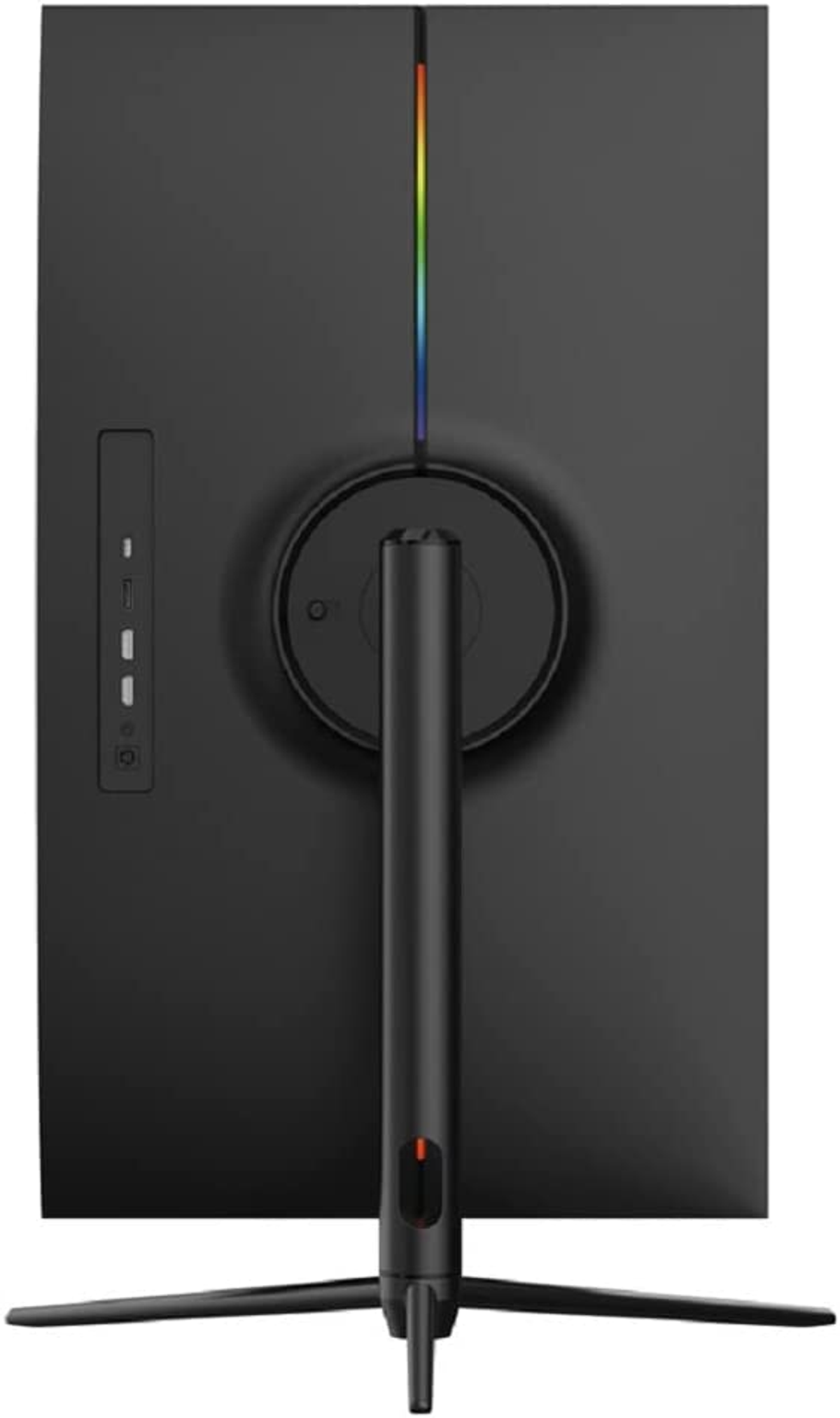 Tył czarnego monitora z portami i podstawką.