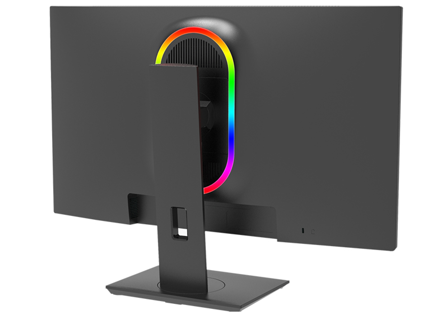 Monitor z czarnym ekranem i czarną podstawą.