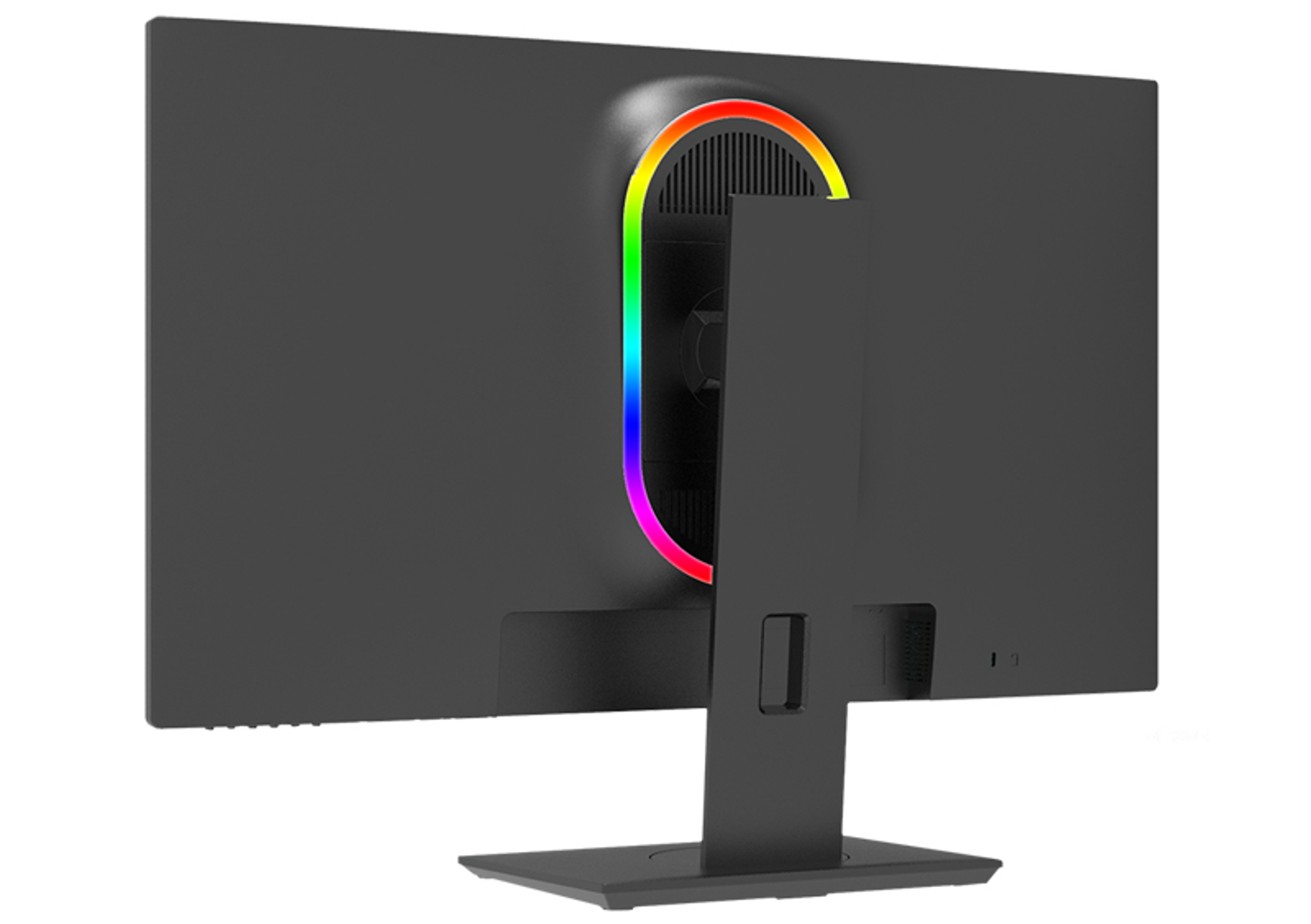 Czarny tył monitora z kolorowym paskiem świetlnym u góry i stojakiem.