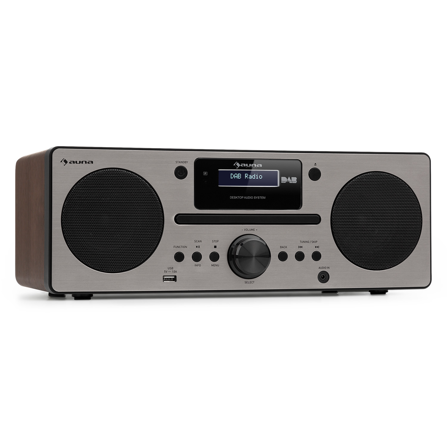 Silbernes und holzmaseriertes Auna DAB-Radio mit Digitalanzeige und Tasten. Der Hintergrund ist weiß.