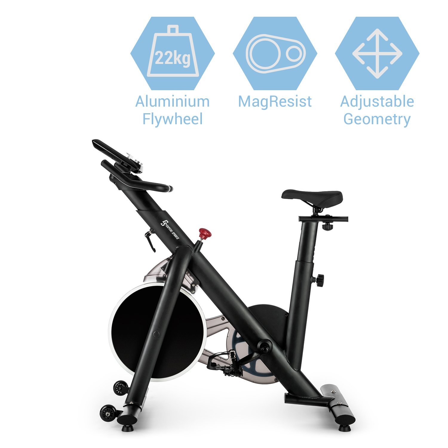 Schwarzes Heimtrainer mit Textbeschriftungen. Zu den Merkmalen gehören ein Aluminium-Schwungrad und eine verstellbare Geometrie.