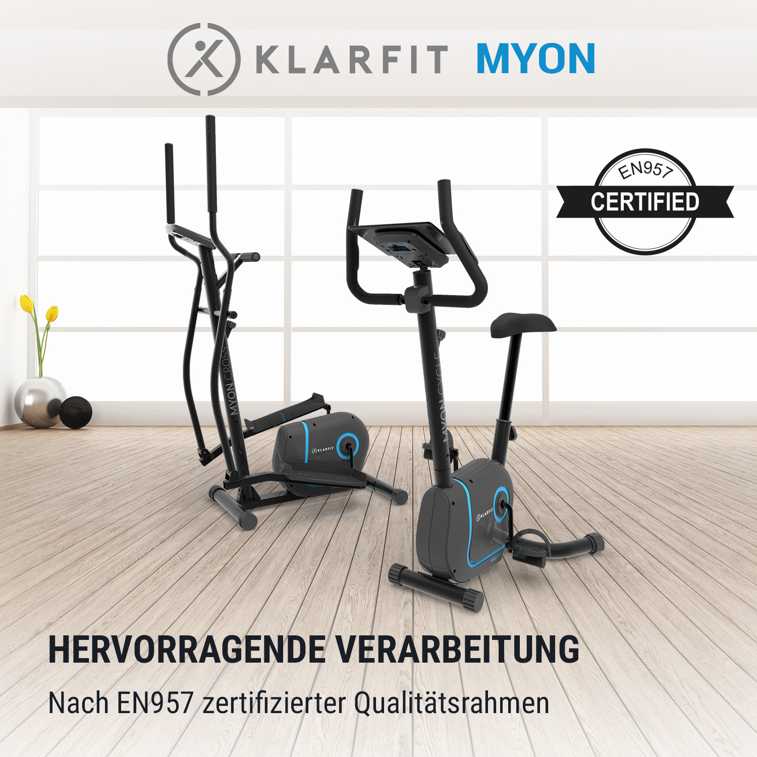 Zwei Trainingsgeräte in einem Raum. Text: 'Hervorragende Verarbeitung' und 'Zertifiziert'.