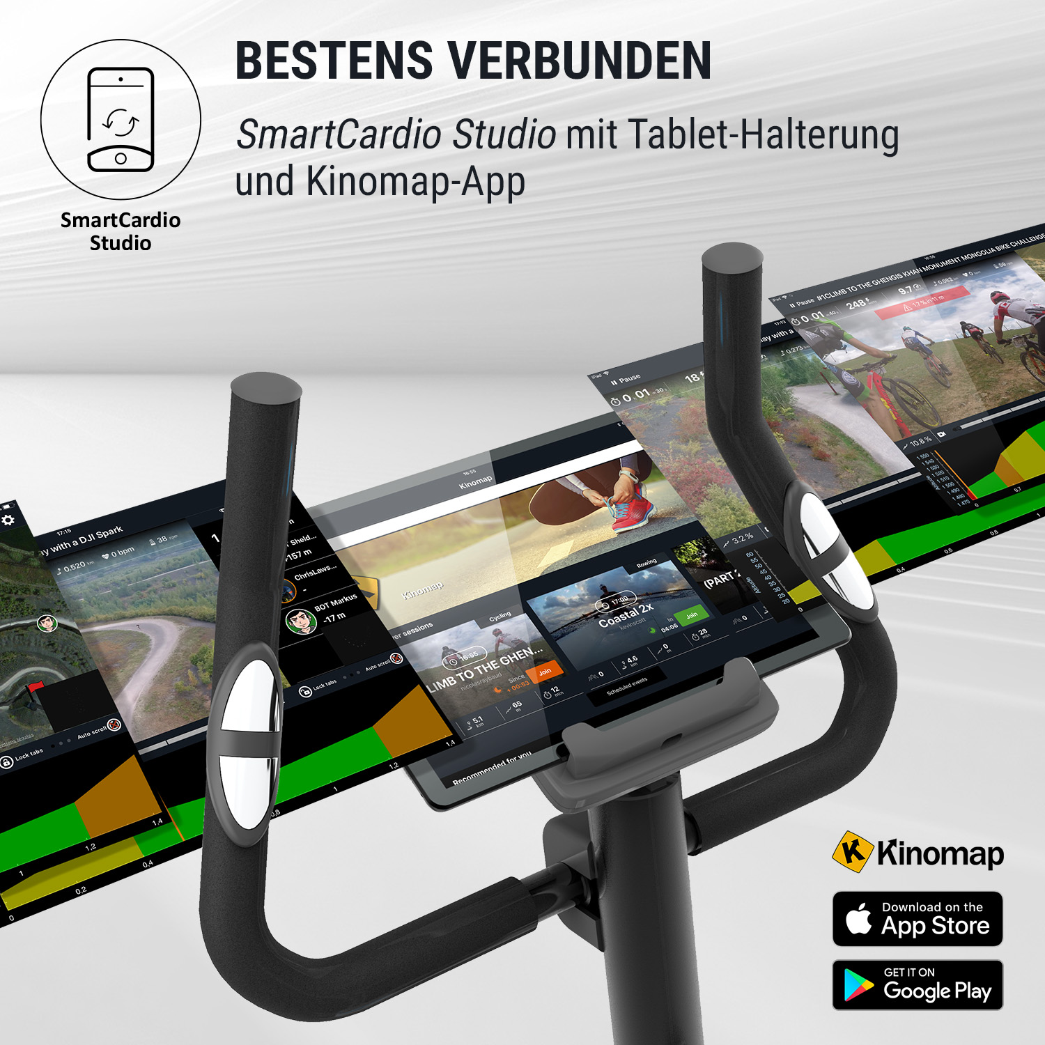 Ein Heimtrainer mit Tablet, das Trainingsdaten anzeigt, und ein Werbebanner.
