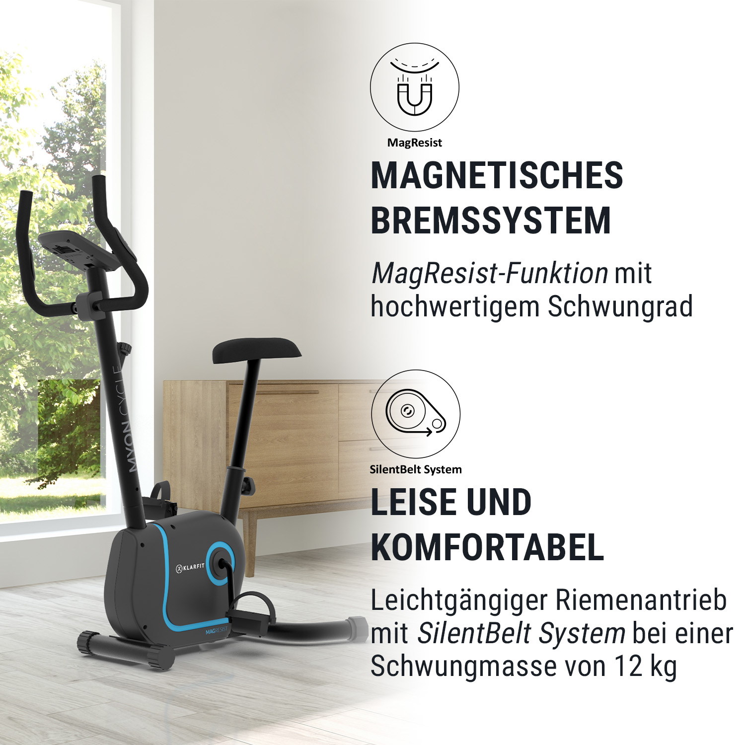 Ein Heimtrainer in einem Raum mit Text über seine Funktionen und Vorteile.