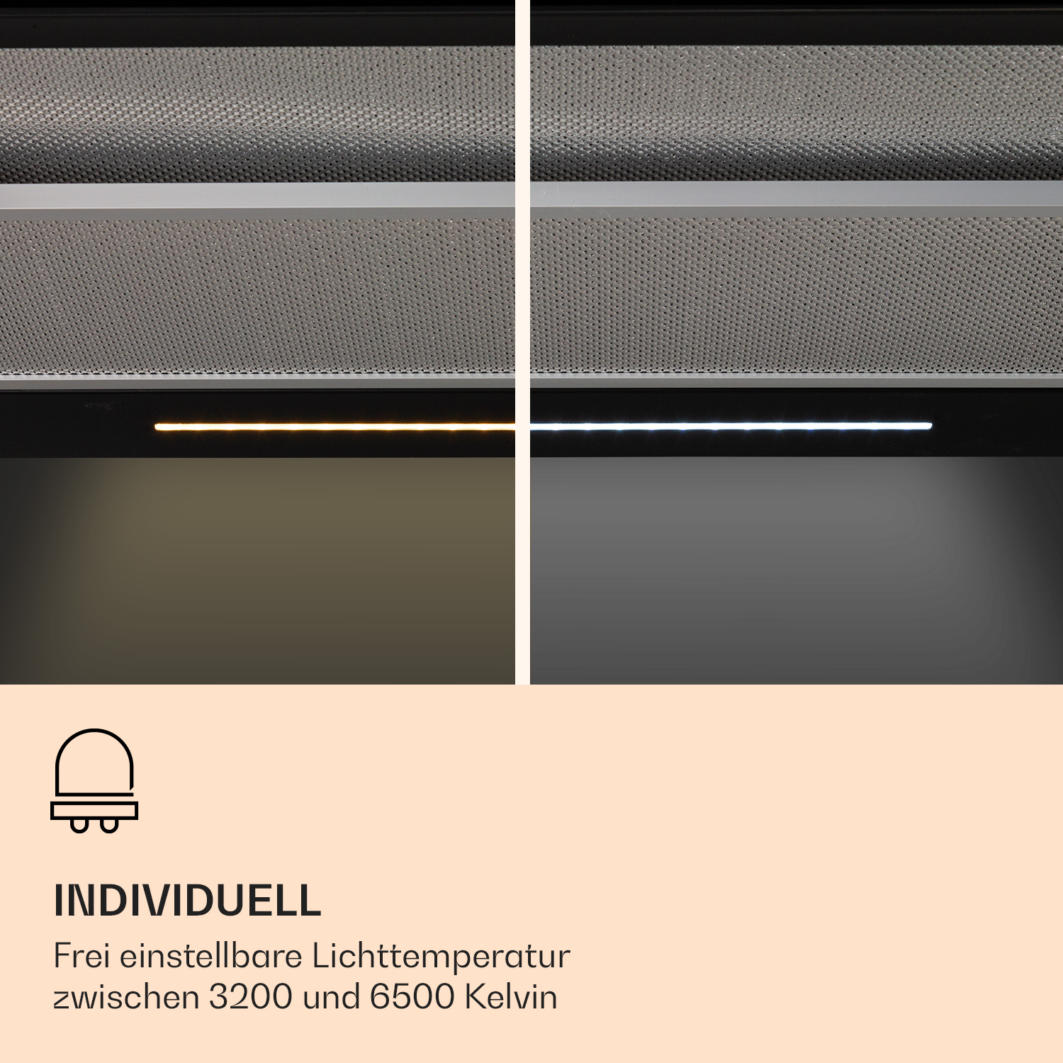 Nahaufnahme einer Dunstabzugshaube mit Licht, das zwei Lichttemperaturen zeigt.