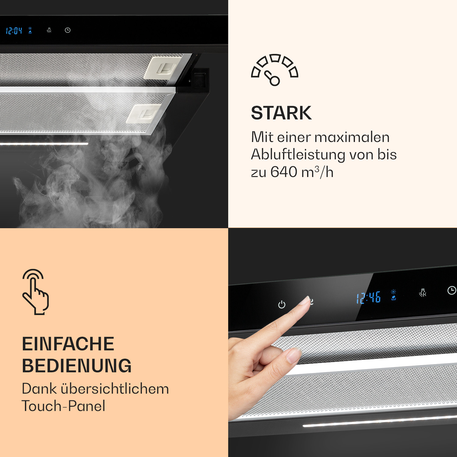 Schwarze Dunstabzugshaube mit Digitalanzeige und Touch-Panel, mit Rauch.
