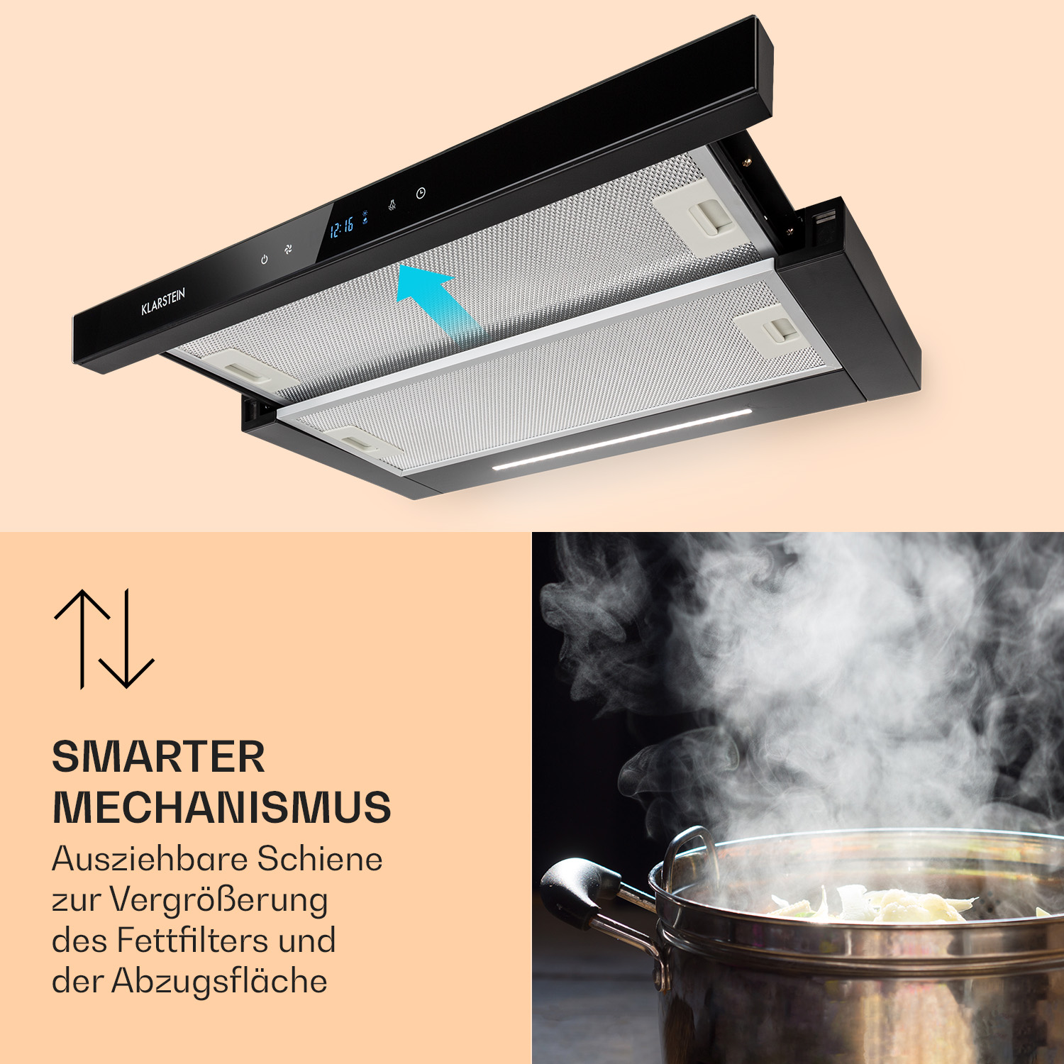 Schwarze Dunstabzugshaube mit offenem Filter und Topf mit aufsteigendem Dampf. Text: Smarter Mechanismus.
