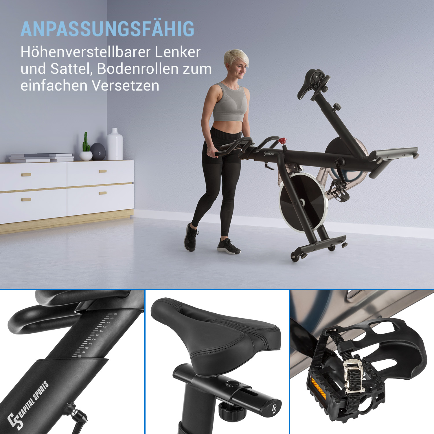 Eine Frau geht neben einem Heimtrainer. Nahaufnahmen von Sattel, Bedienelementen und Pedalen werden gezeigt.
