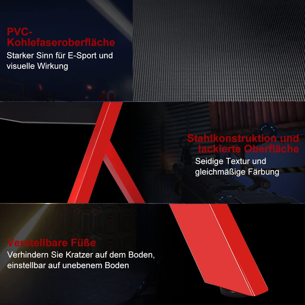 Nahaufnahme eines schwarzen und roten Gaming-Schreibtischbeins mit deutschem Text über Materialien und Eigenschaften.