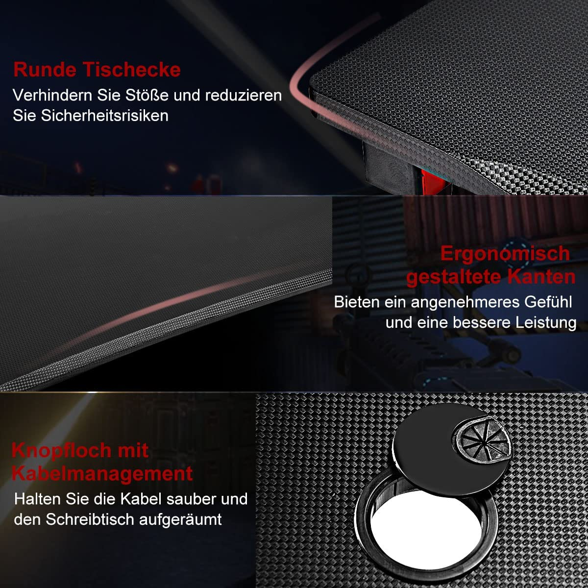 Nahaufnahme eines schwarzen Schreibtischpads mit Details zu Design und Funktionen.