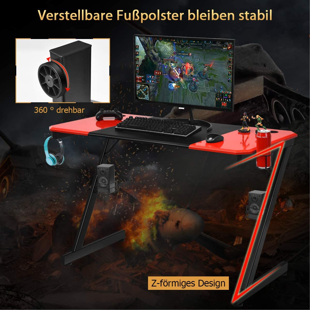 Gaming-Schreibtisch mit rotem und schwarzem Design. Bildschirm zeigt Spielszene. Zubehör vorhanden.