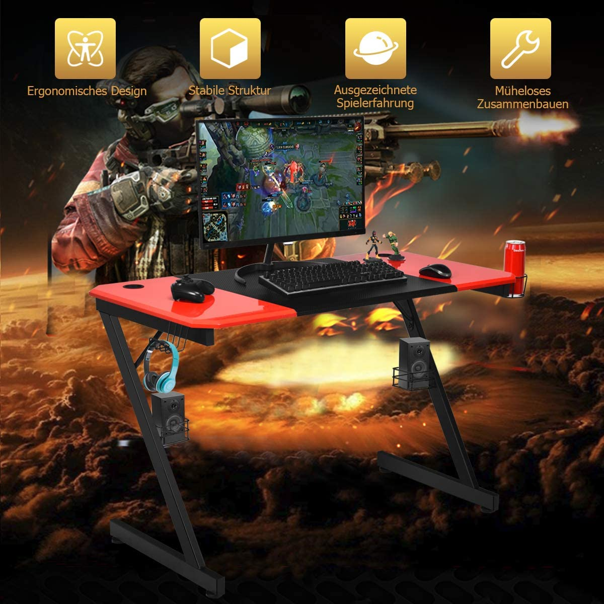 Gaming-Schreibtisch mit roten Akzenten, der ein Computer-Setup mit einem Gamer im Hintergrund zeigt.