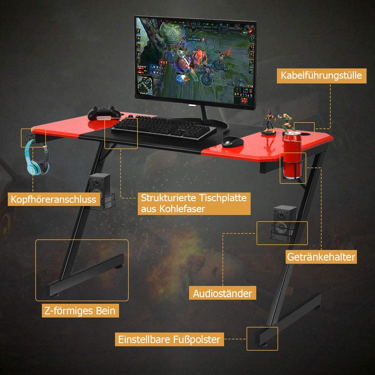 Gaming-Schreibtisch mit Monitor, der ein Spiel anzeigt, Kopfhörer und Zubehör.