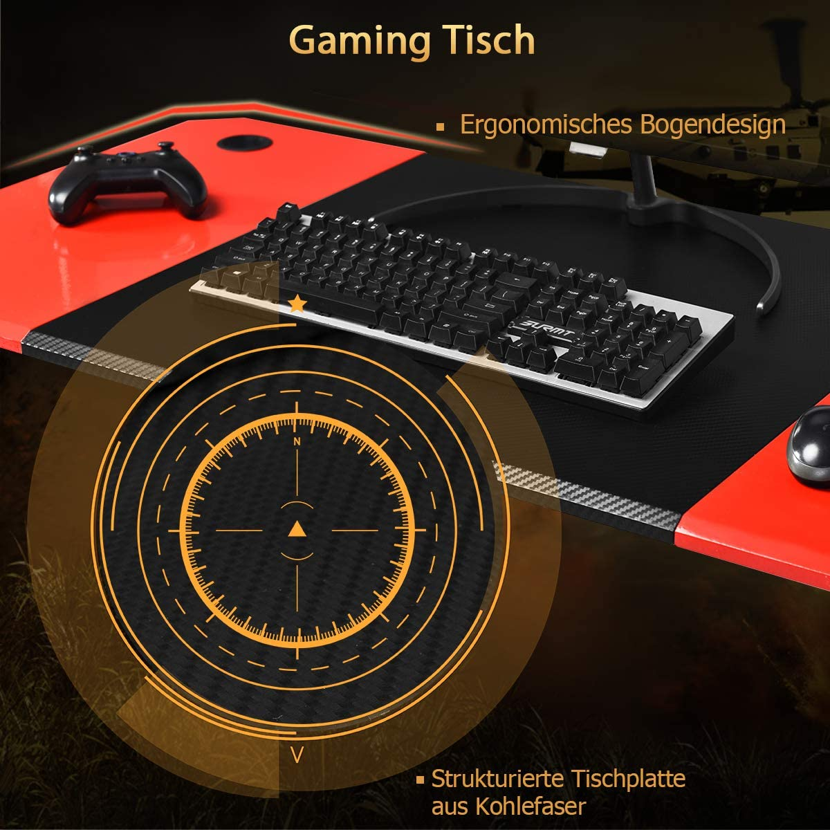 Gaming-Schreibtisch mit Tastatur, Controller, Maus. Rot und schwarz. Ergonomisches Design.