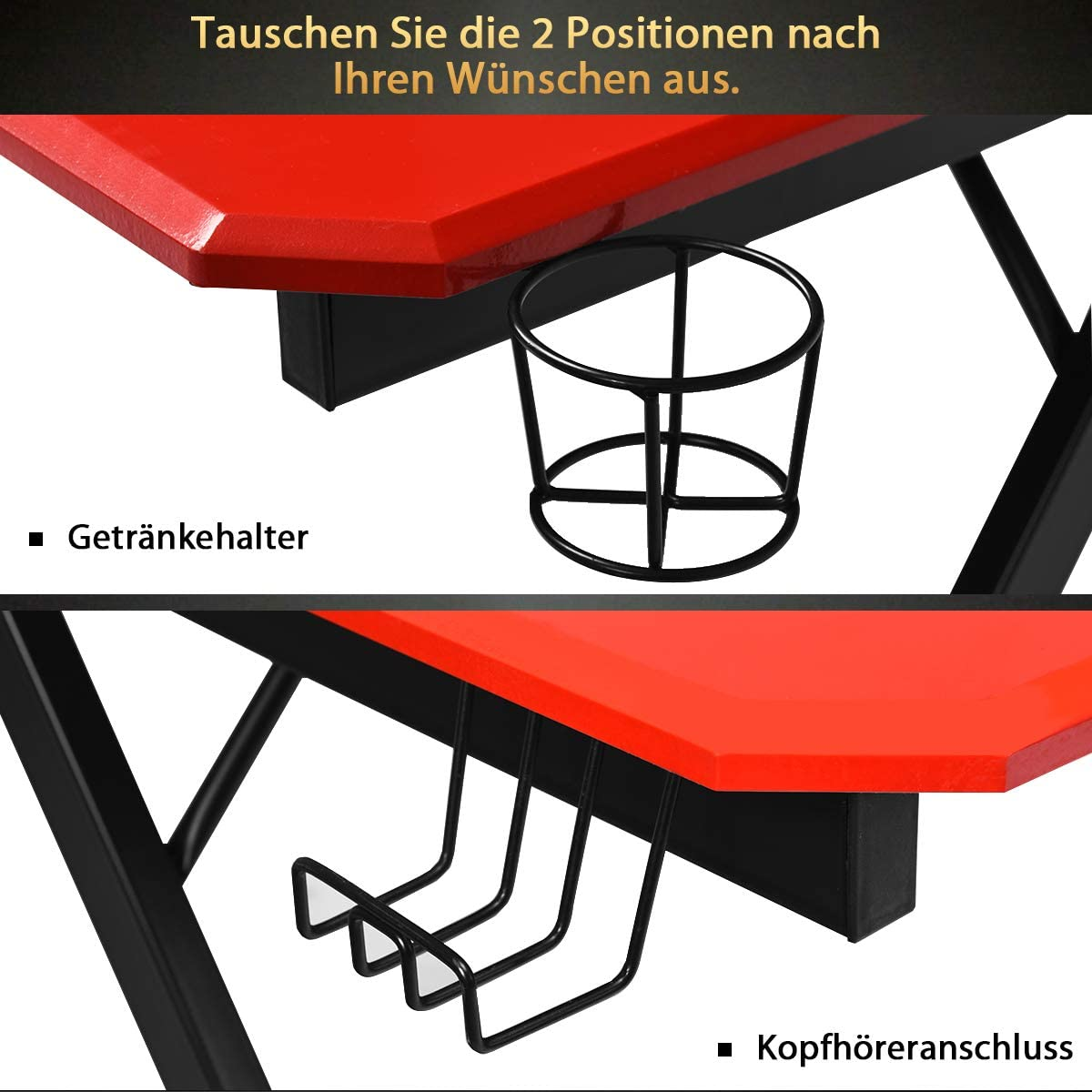 Nahaufnahme eines Gaming-Schreibtisches, mit Getränkehalter und Kopfhörerhaken, Text für wechselbare Positionen.