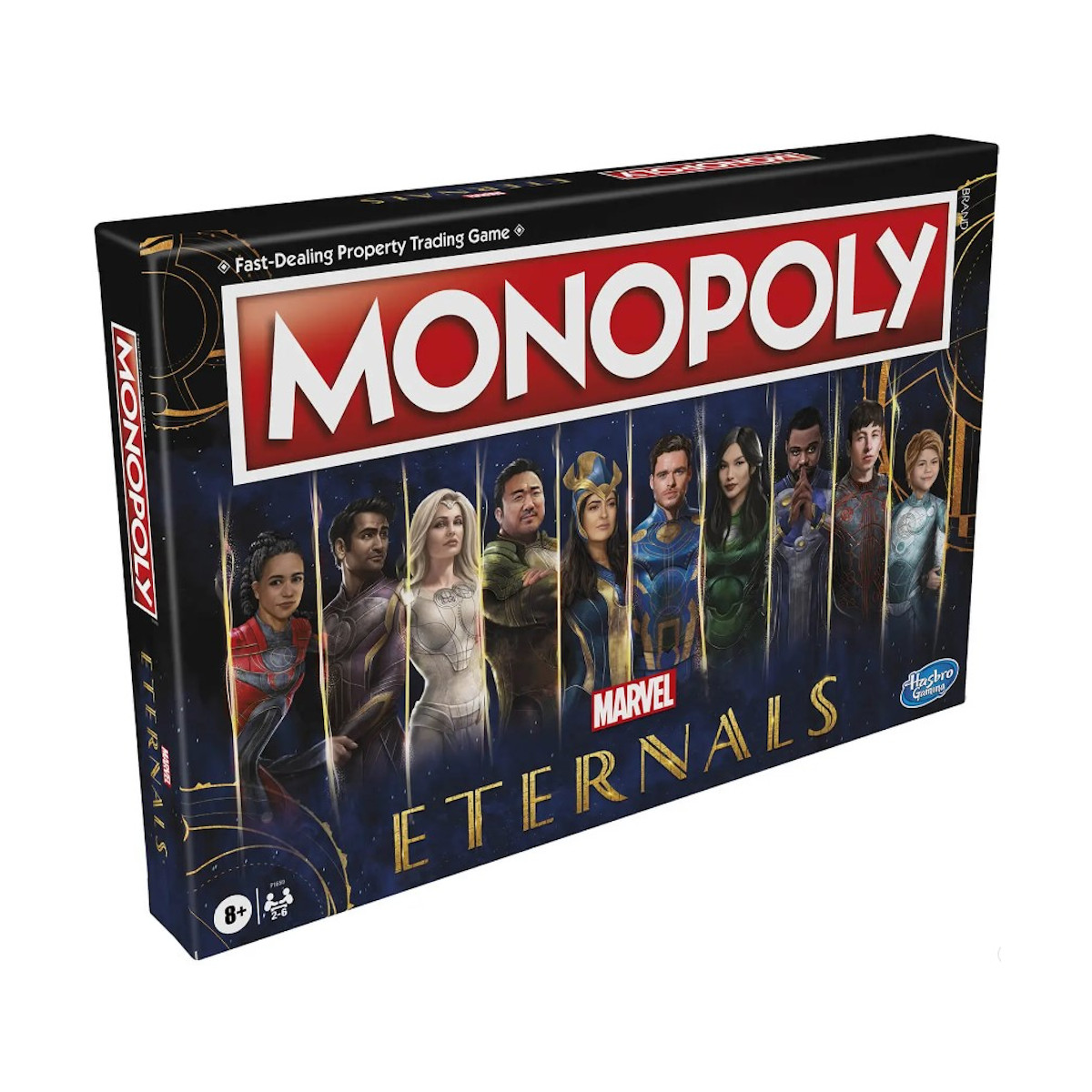 Eine Monopoly Marvel Eternals Spielbox auf weißem Hintergrund.