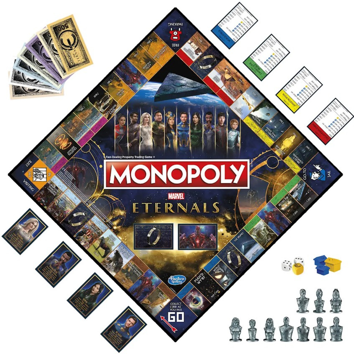 Monopoly-Brettspiel mit Marvel-Charakteren und Zubehör.