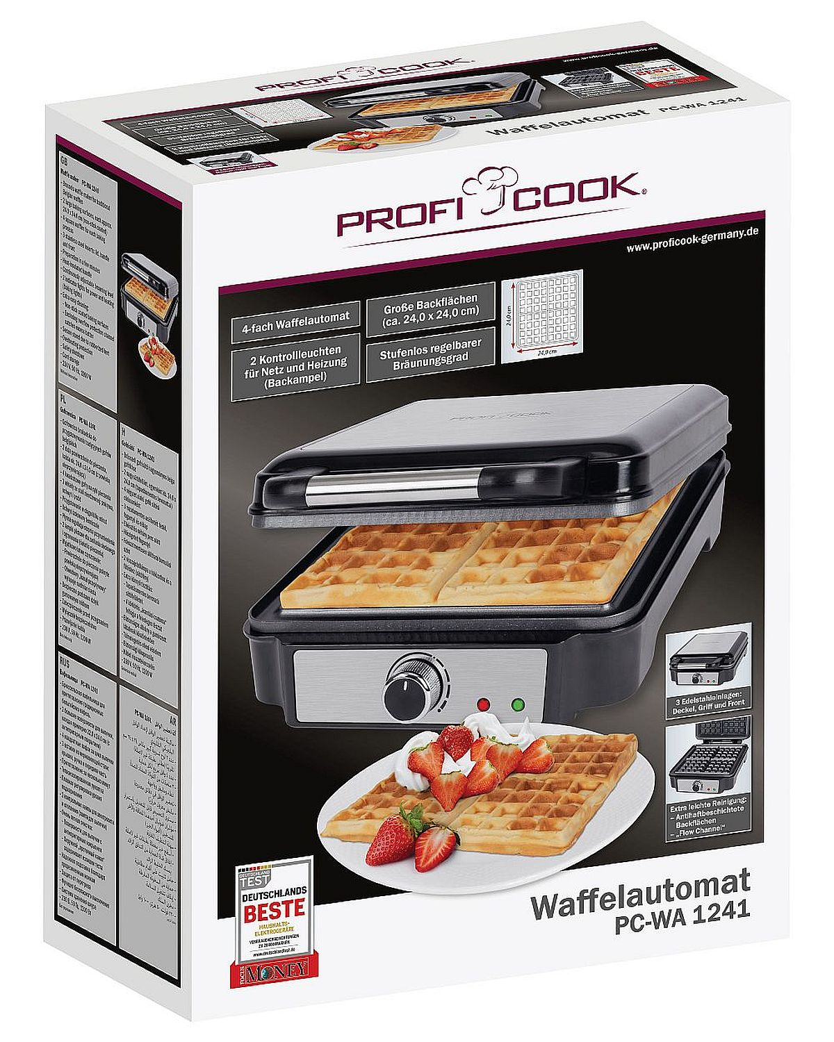 Waffeleisen-Box mit Waffeln und Erdbeeren. Text und Bilder des Produkts.