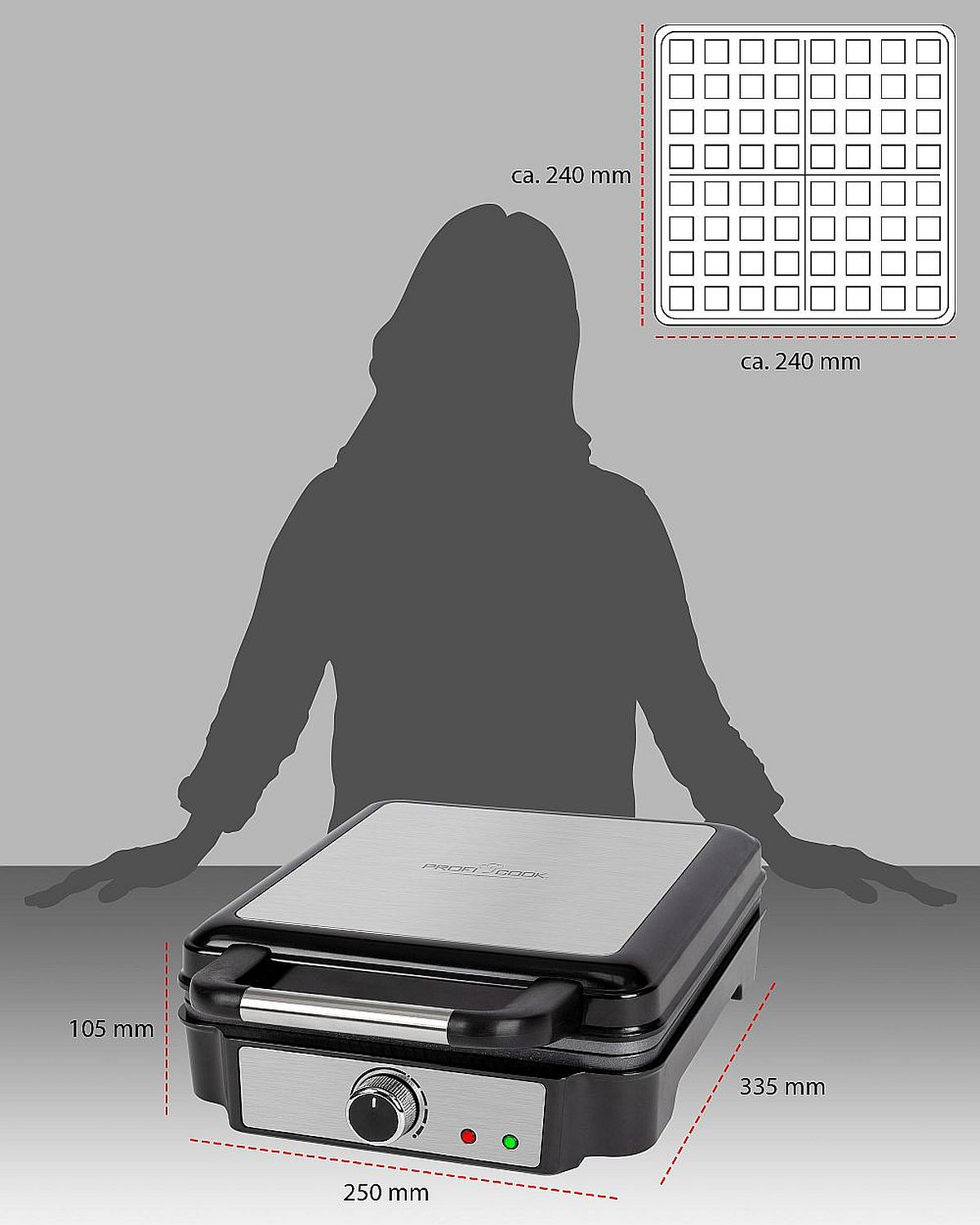 Silueta de mujer con una gofrera. Un diagrama muestra las dimensiones del gofre.