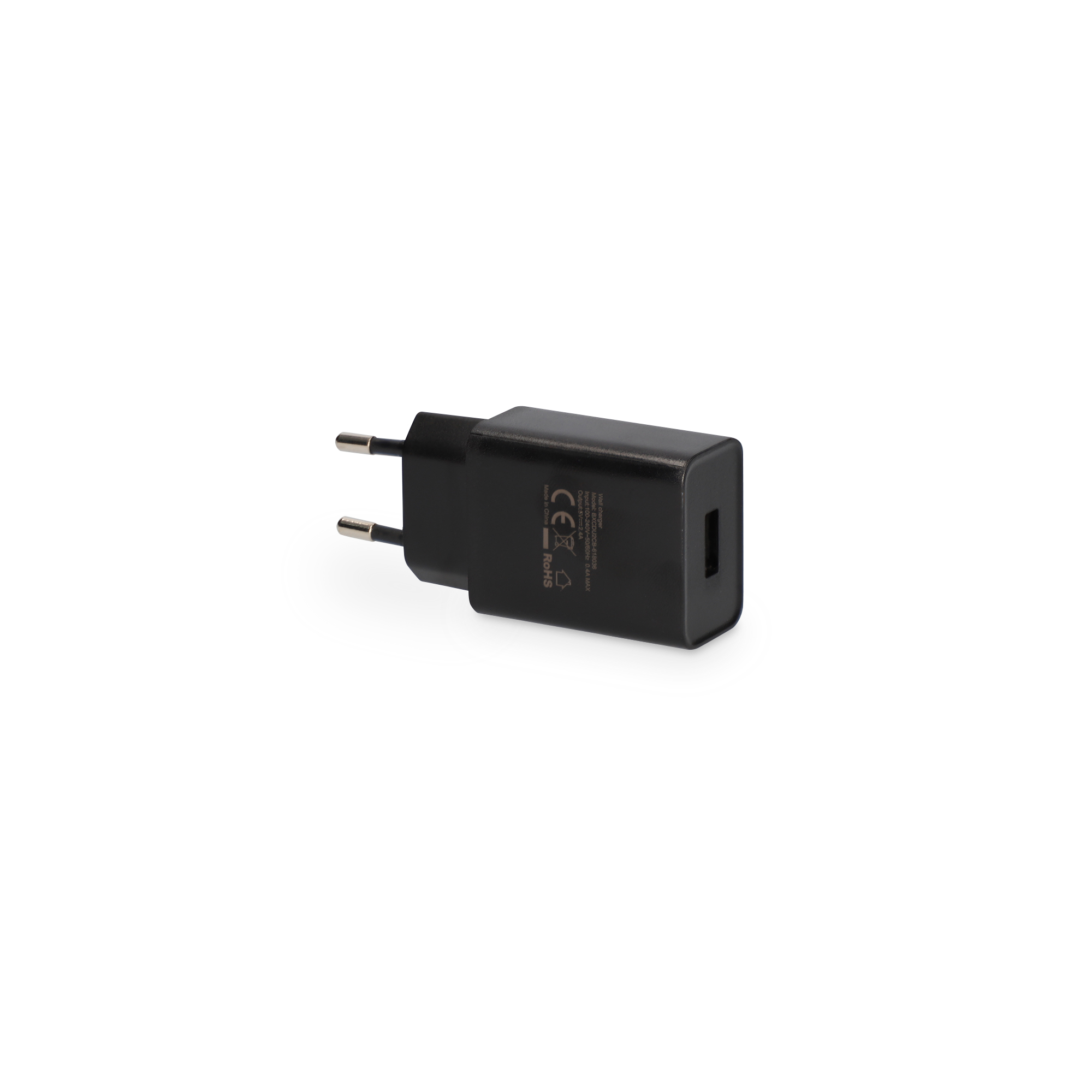 Un adaptador de corriente negro con dos clavijas y un puerto USB.