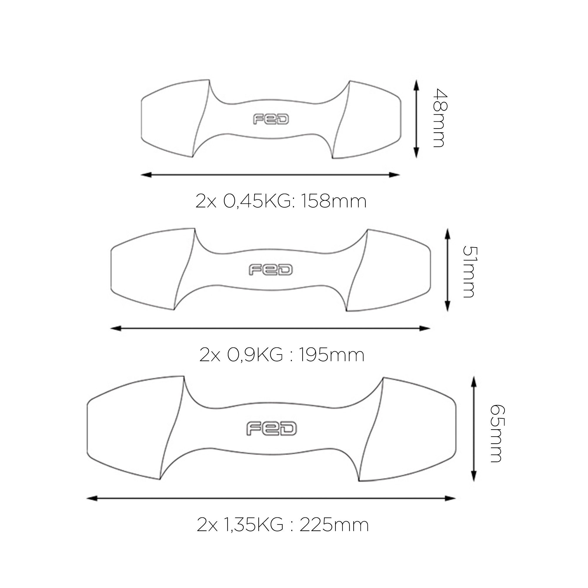 Diagrama de pesas con dimensiones: 2x0,45KG, 2x0,9KG y 2x1,35KG, mostrando su tamaño.