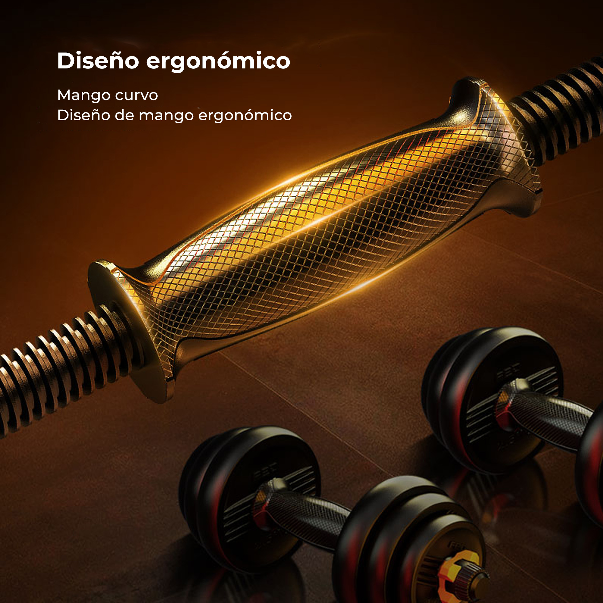 Zbliżenie złotego uchwytu hantli z teksturowanym uchwytem i czarnymi obciążnikami.