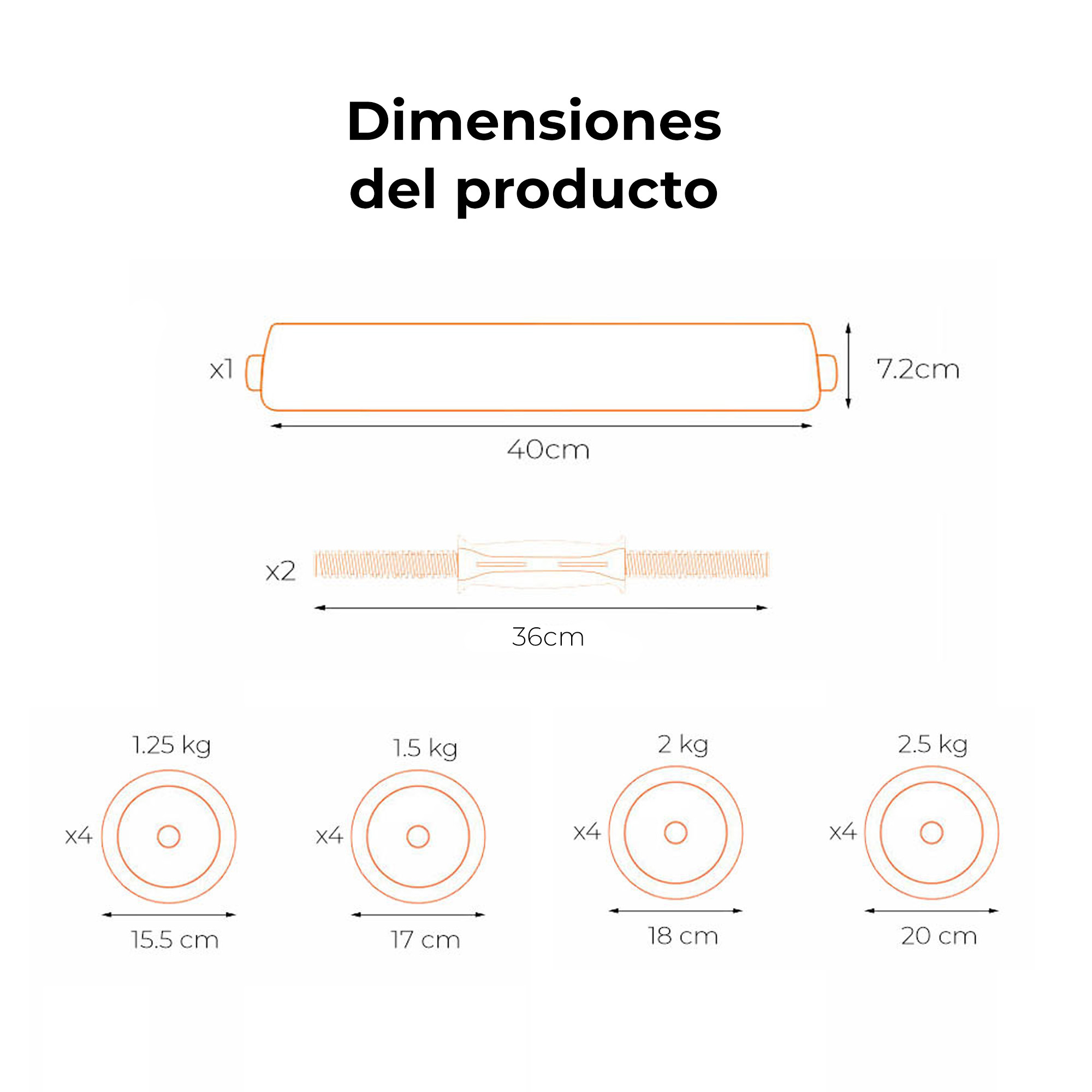 Diagrama de equipos de fitness, que incluye una barra, mancuernas y discos de peso con dimensiones.