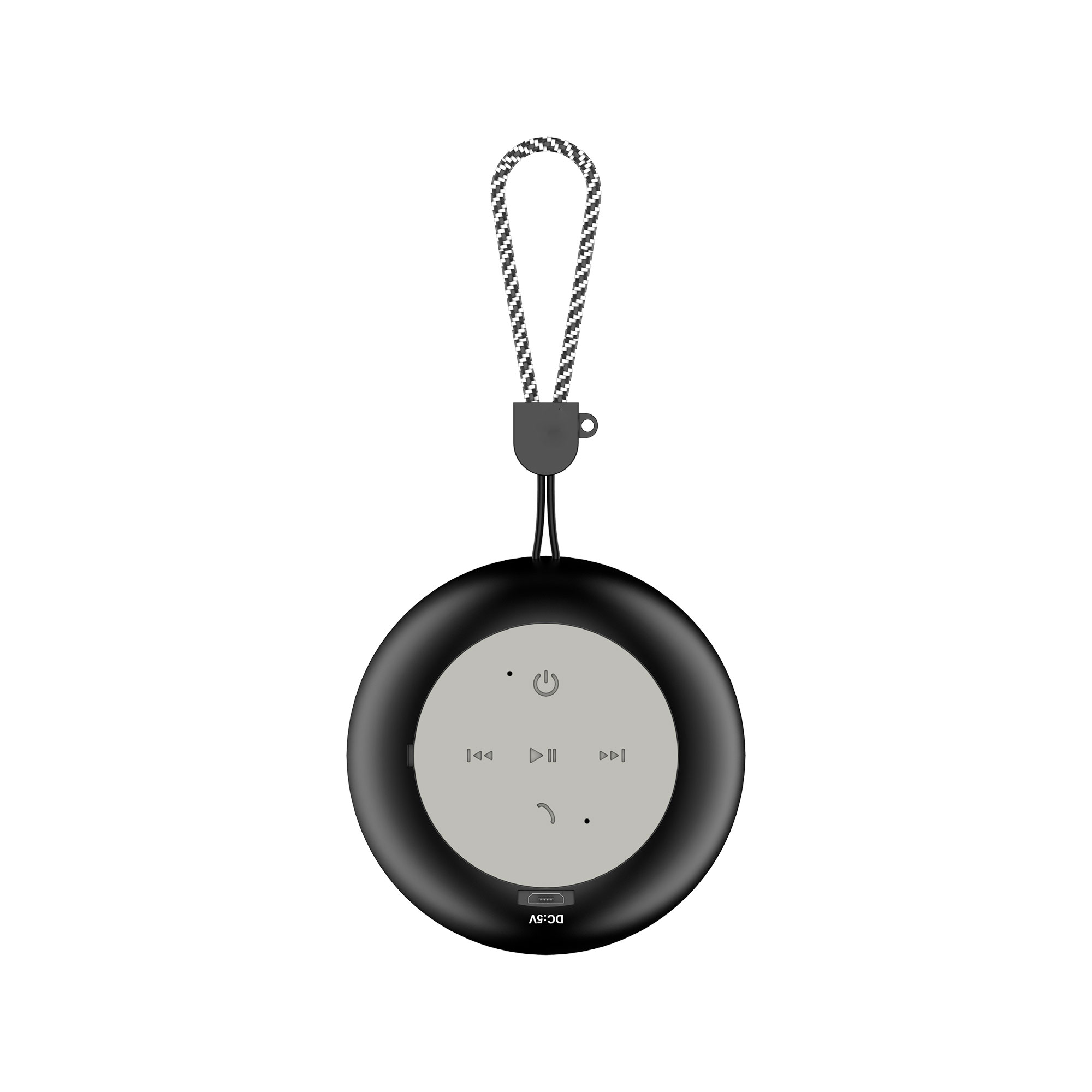 Czarny, okrągły, wodoodporny głośnik Bluetooth z przyciskami sterowania i paskiem do zawieszania.