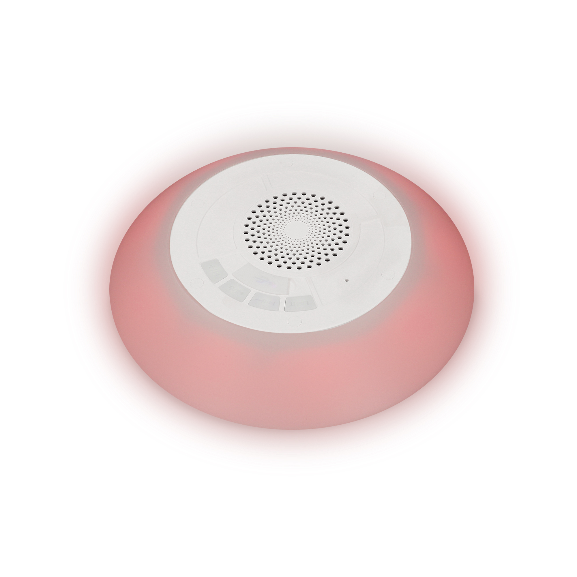 Altavoz redondo, rosa brillante. Tapa blanca con agujeros y botones del altavoz.