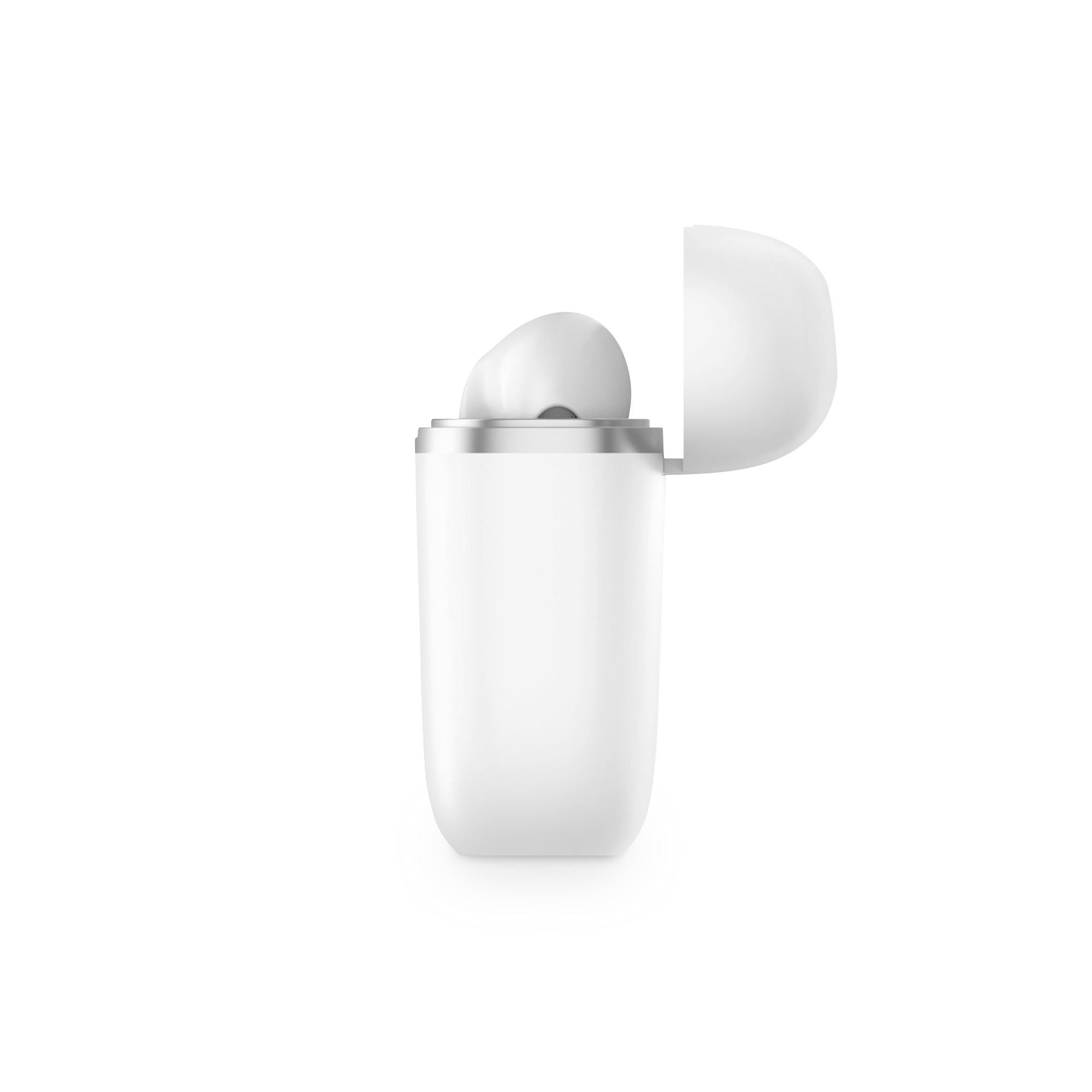 Un auricular blanco en su estuche de carga blanco, abierto.