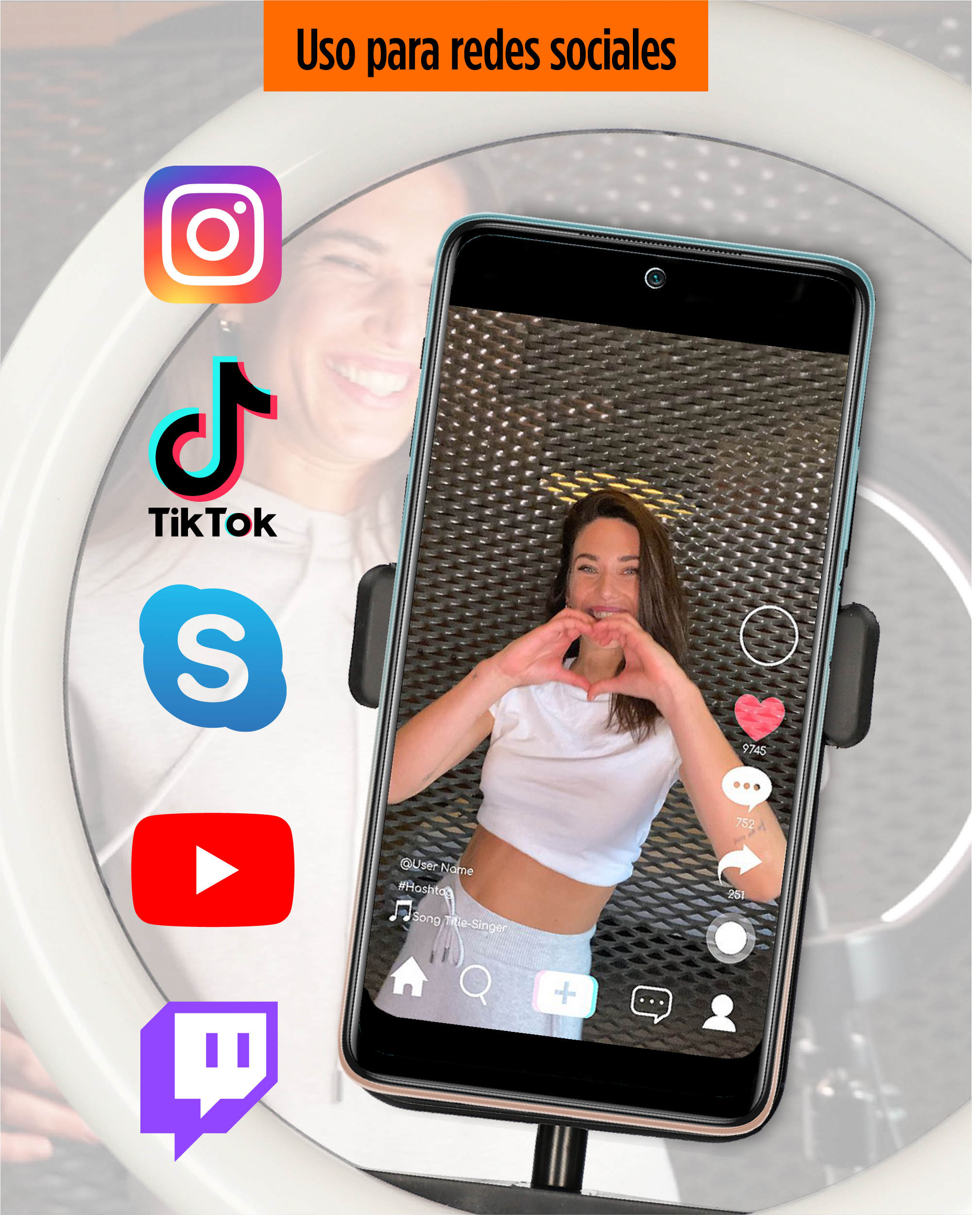 Una persona sosteniendo un teléfono mostrando una red social, rodeada de iconos.