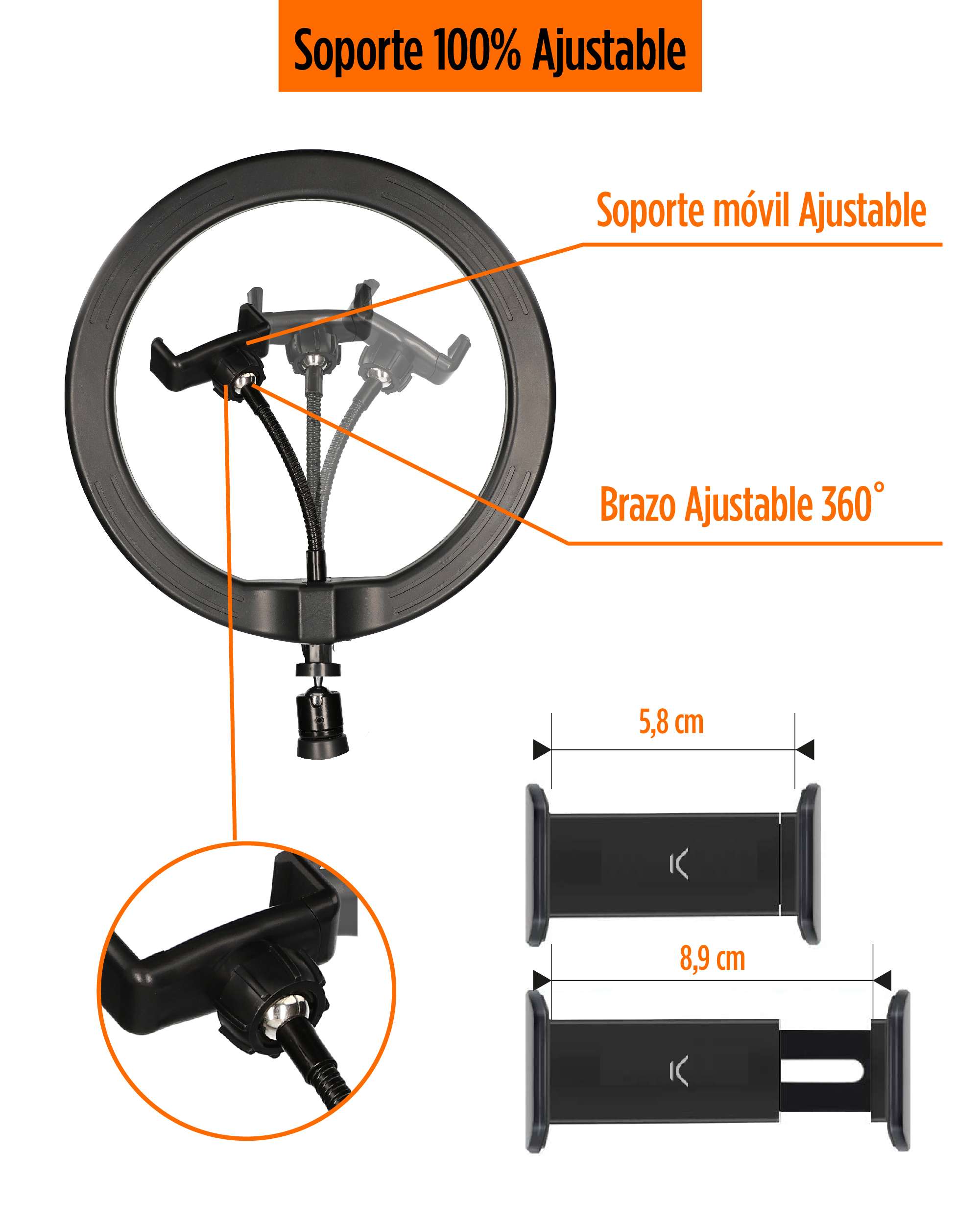 Una luz de anillo con un soporte para teléfono ajustable y un brazo flexible está en exhibición.