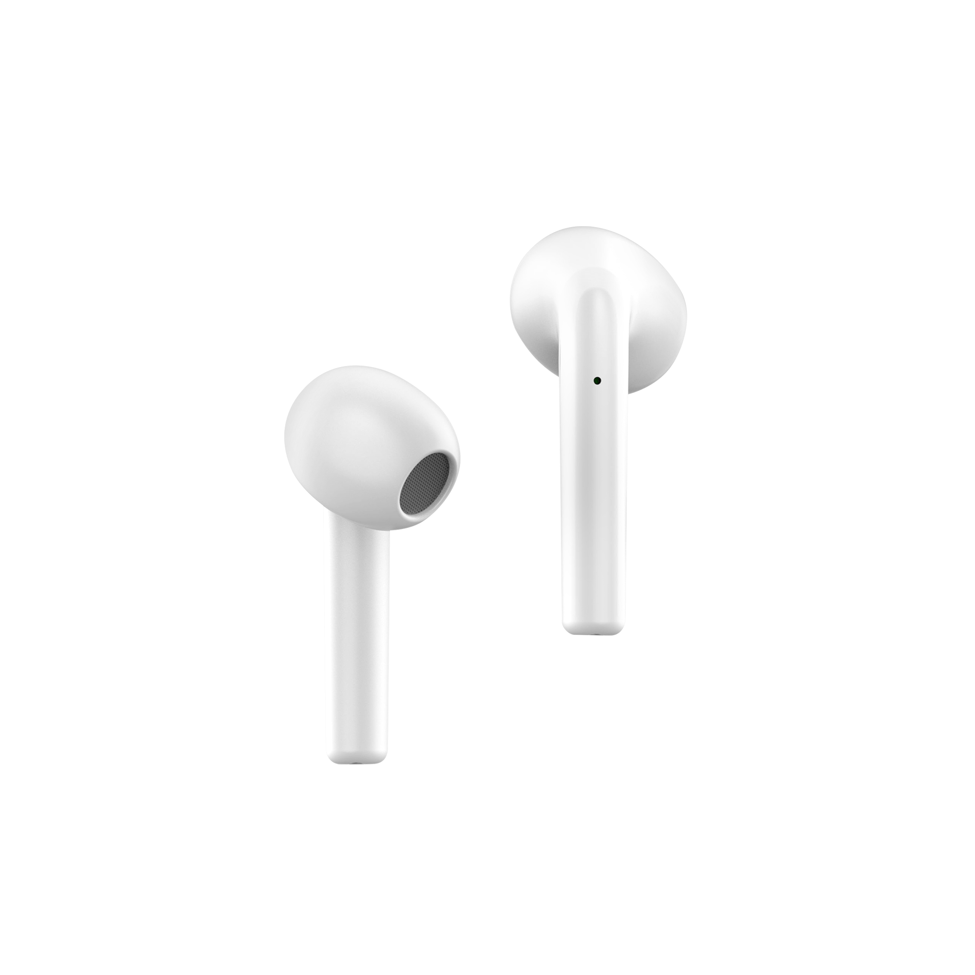 Dos auriculares inalámbricos blancos sobre un fondo blanco.